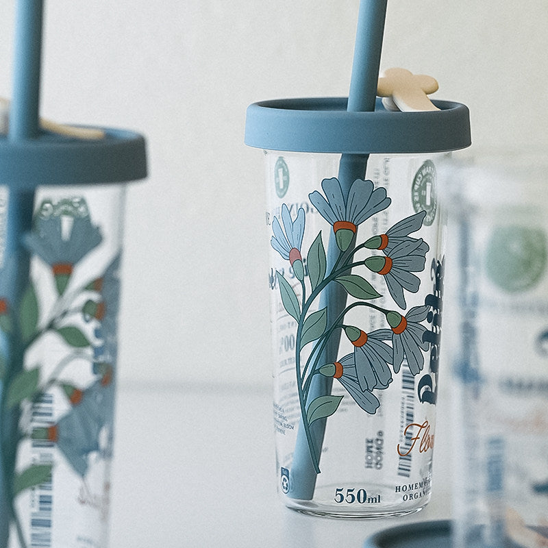 Silicone Straw & High Borosilicate Clear Glass Summer Water Cup