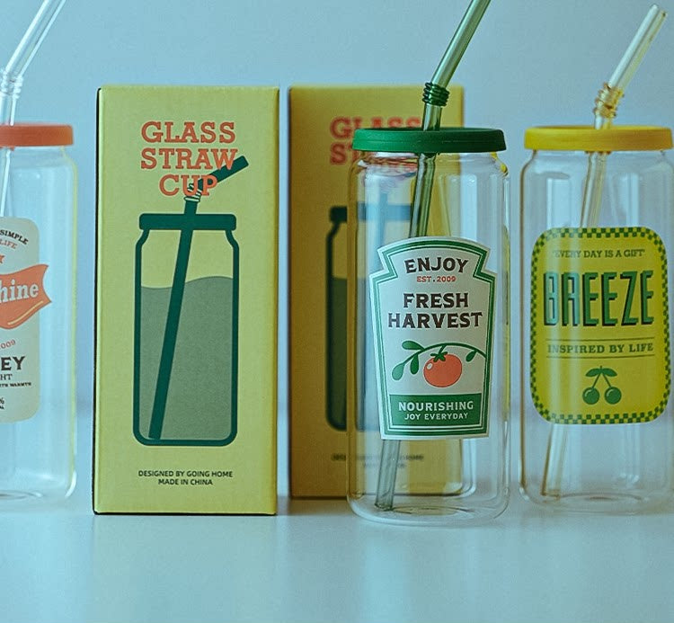 Summer Drinking Glass Cup, Heat-Resistant Glass with Lid
