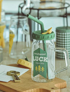 Glass Cup with Lid, Handle & Silicone Straw, Heat Resistant & Thickened