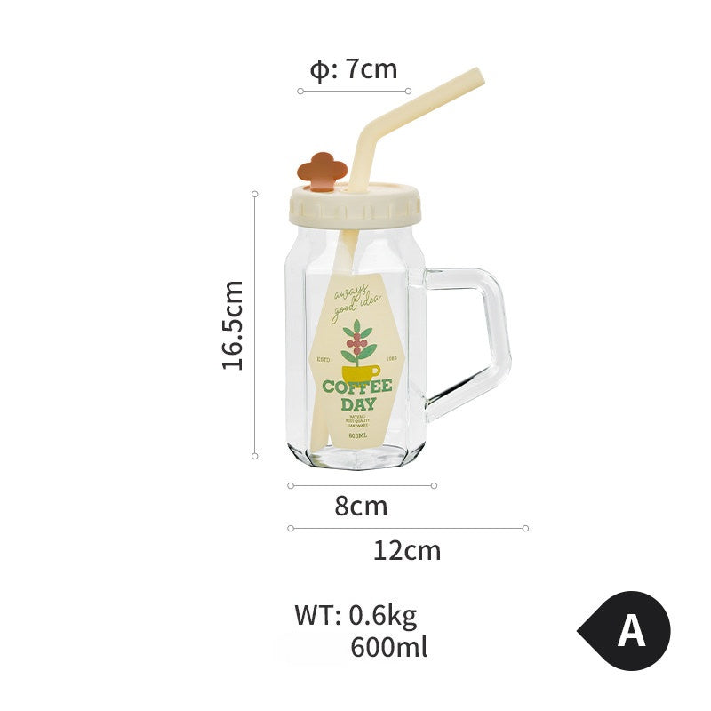 Glass Cup with Lid, Handle & Silicone Straw, Heat Resistant & Thickened