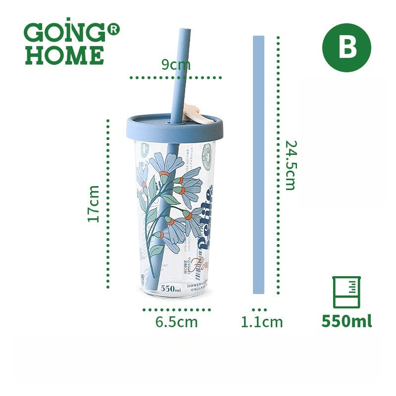 Silicone Straw & High Borosilicate Clear Glass Summer Water Cup