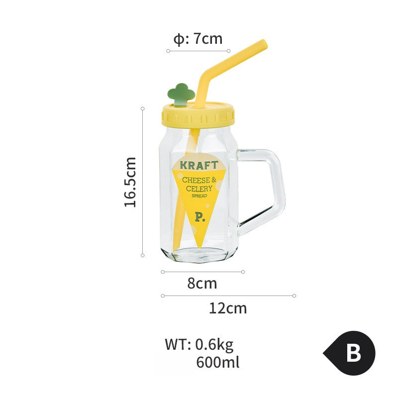 Glass Cup with Lid, Handle & Silicone Straw, Heat Resistant & Thickened
