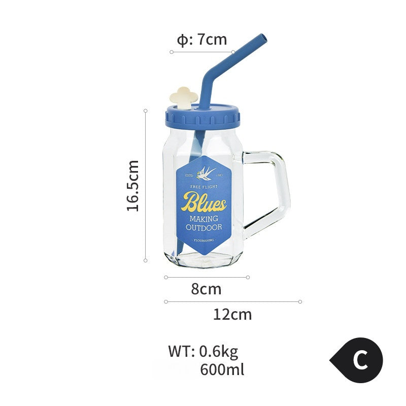 Glass Cup with Lid, Handle & Silicone Straw, Heat Resistant & Thickened