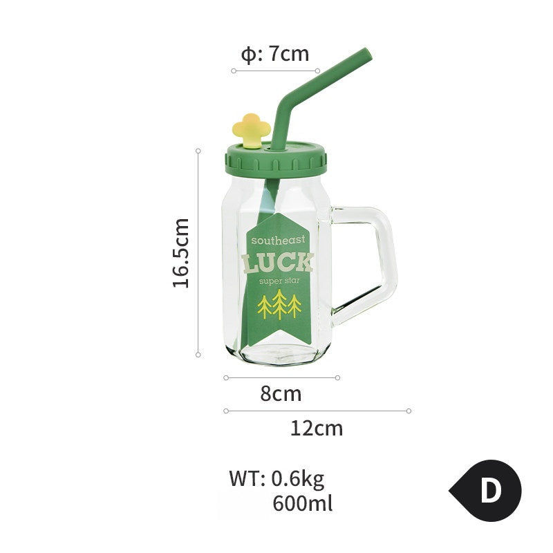 Glass Cup with Lid, Handle & Silicone Straw, Heat Resistant & Thickened